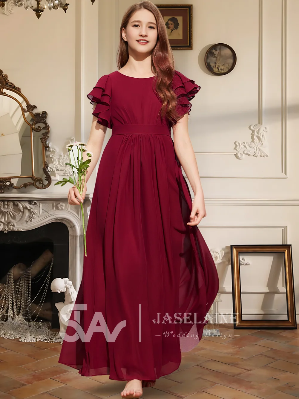 Элегантное шифоновое платье трапециевидной формы длиной до пола, платье подружки невесты с каскадными оборками, платье с цветочным узором для девочек, вечерние, свадебные, официальные