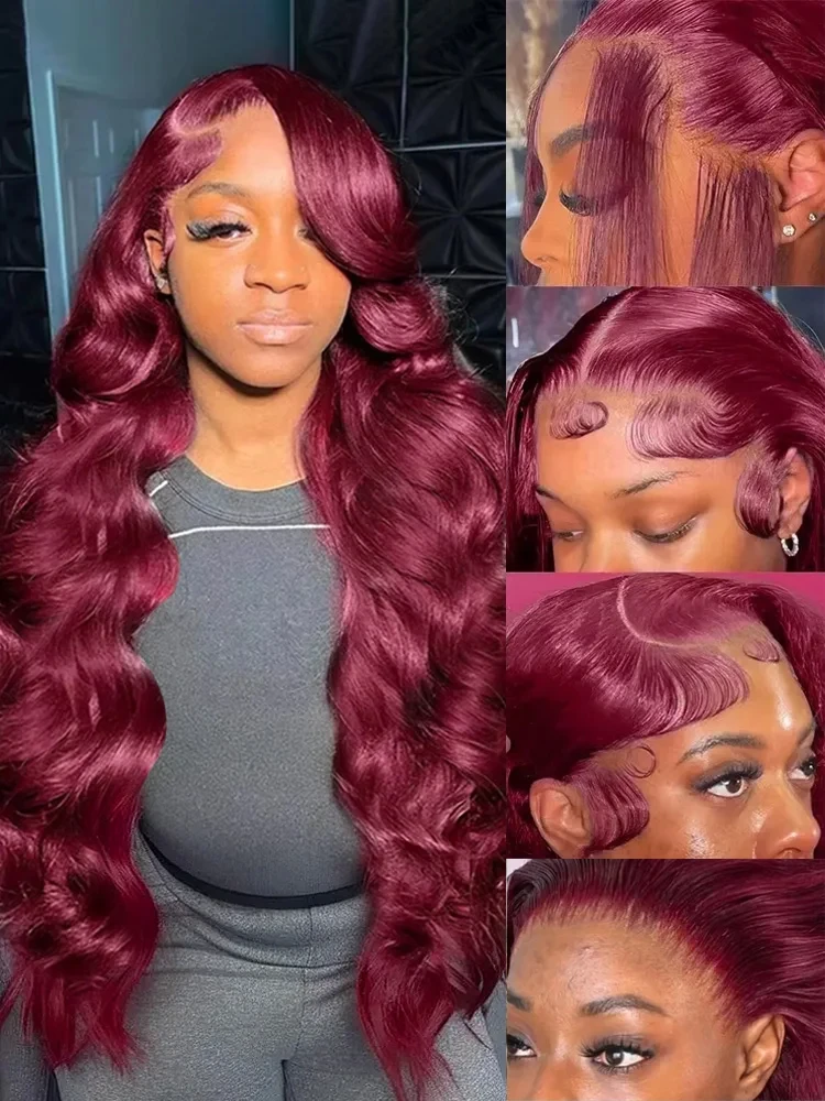 Wig Rambut Asli Burgundy 34 Inci 99J dengan Lace Front, Pre Plucked 13x6 HD Transparan, Model Body Wave