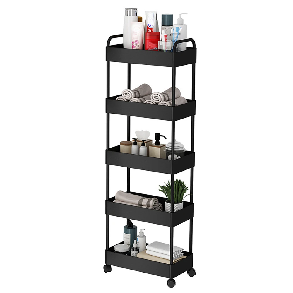 Carrello di Stoccaggio a 5 Ripiani con Maniglia – Scaffale Utilitario in Plastica Stretto – Organizzatore Mobile Salvaspazio per Cucina, Bagno, Lavand