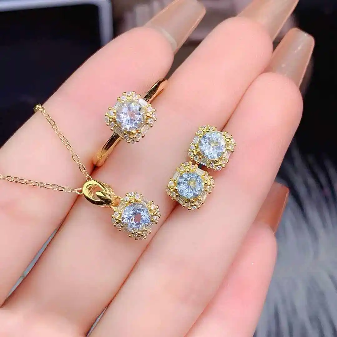 Boutique Jewelry Women's Set 925 Pure Silver Natural Sea Blue Gem Ring Pendant Necklace Earrings Wedding Party Birthday Gift New