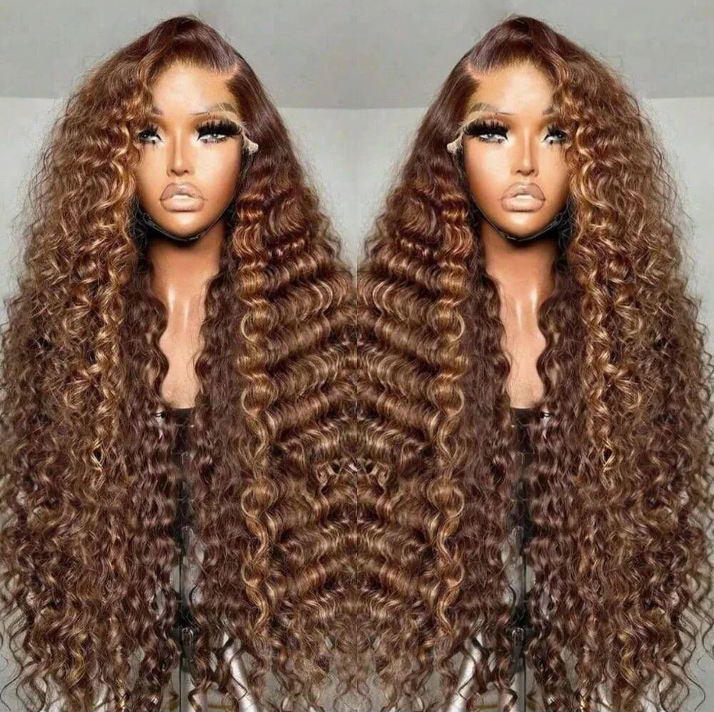 Wig Rambut Asli 34 Inch Highlight Ombre 13x6 Hd Lace Frontal Wig Water Curly, Wig Rambut Asli 13x4 Hd Transparent Deep Wave Lace Frontal Wig