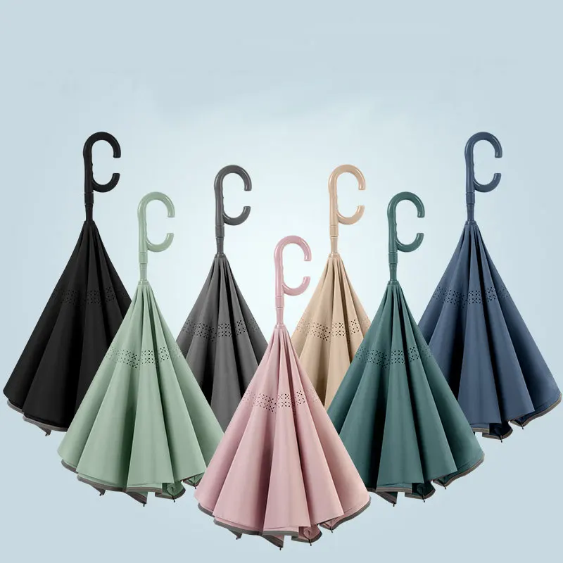 Pastel Large upside-down long umbrella in the long season reverse umbrella double layer upside-down Folding manual umbrella