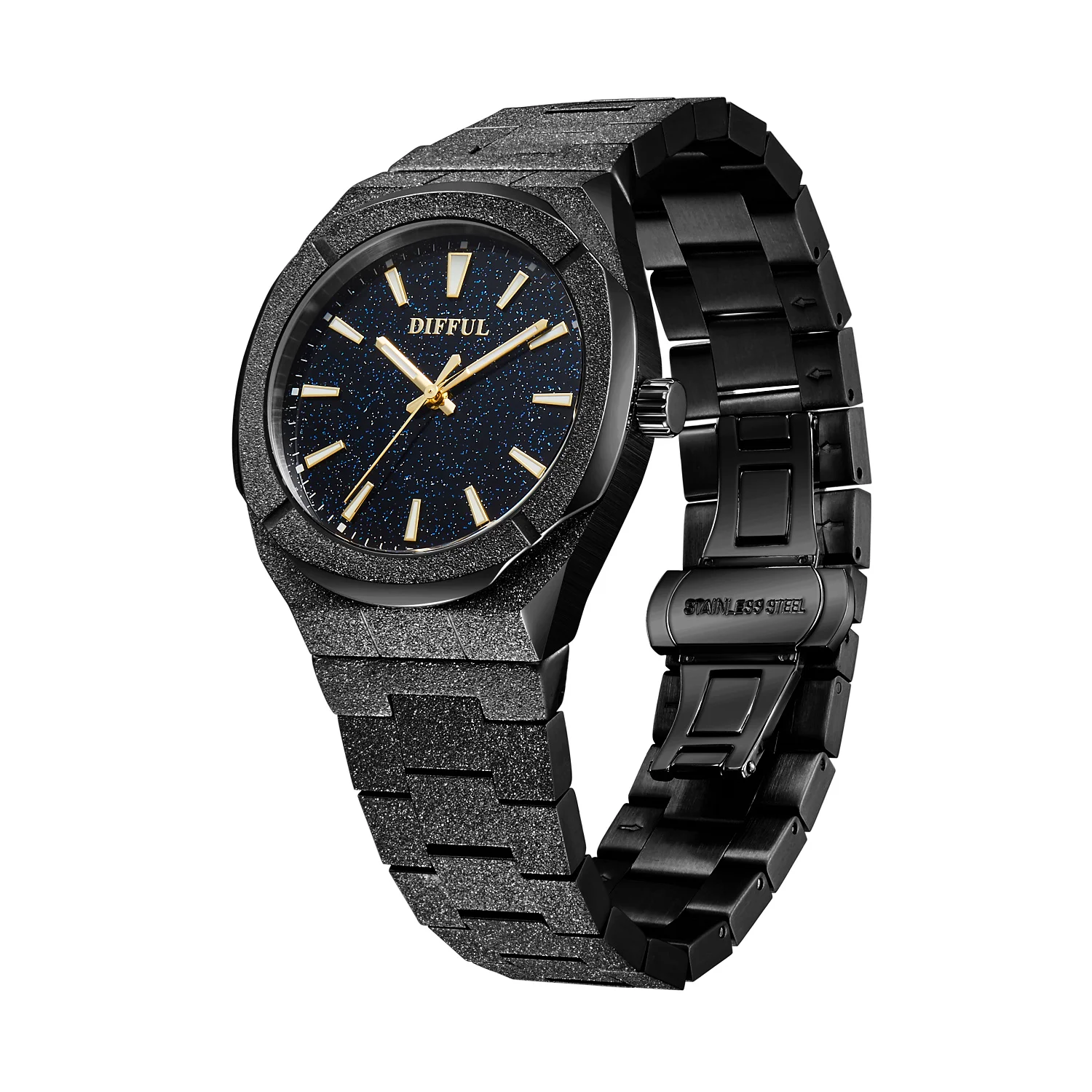 

DIFFUL Stainless Steel 5ATM Waterproof Star Dust Dial Luminous Hands Men Frosted Watch