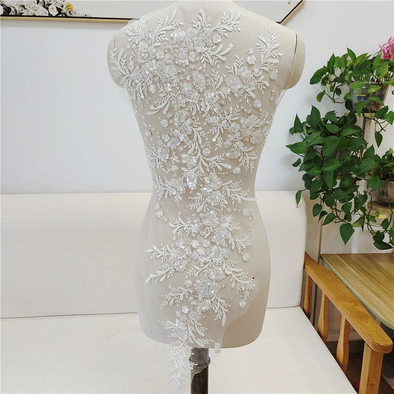 3D Luxury Flower Beaded Lace Appliques for Wedding Dresses Veils Bodice Rhinestone Lace Applique Patches Embroidery Lace  Ropa