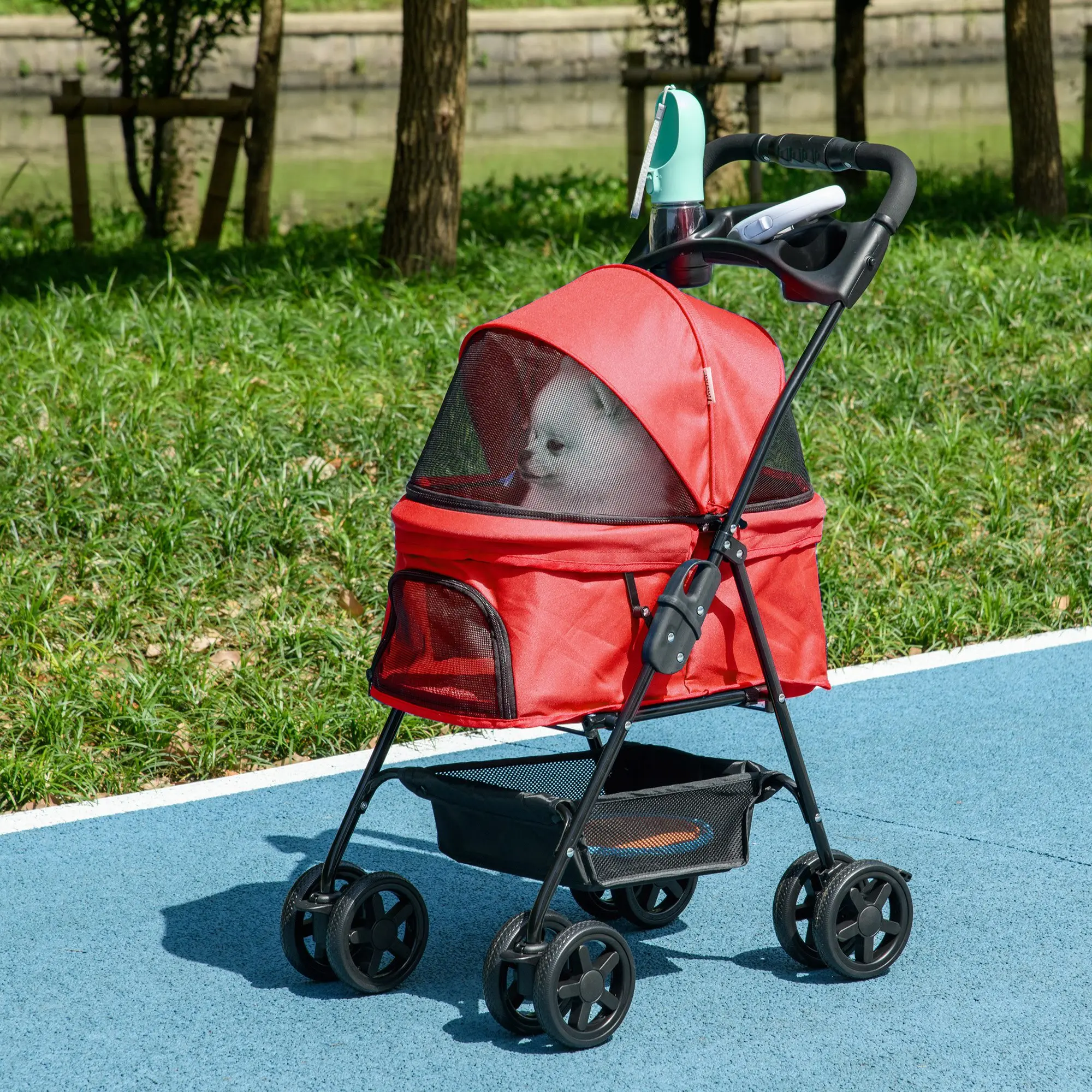 Poussette pliable 4 roues pour animaux de compagnie, chariot de transport pour petits chiens, poussette pour chiots, avec fenêtre en filet, toit amovible, porte-gobelet, panier inférieur, cadre métallique, auvent solaire amovible, fenêtres en maille respirante, porte-gobelet intégré, grand espace de rangement inférieur