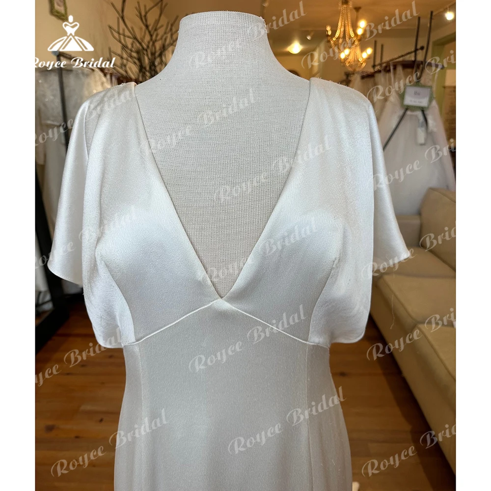 Simple Sexy V Neck Short Sleeve Open Back Button Satin Mermaid Wedding Dress For Women Bridal Gowns Sweep Vestidos De Novia Robe