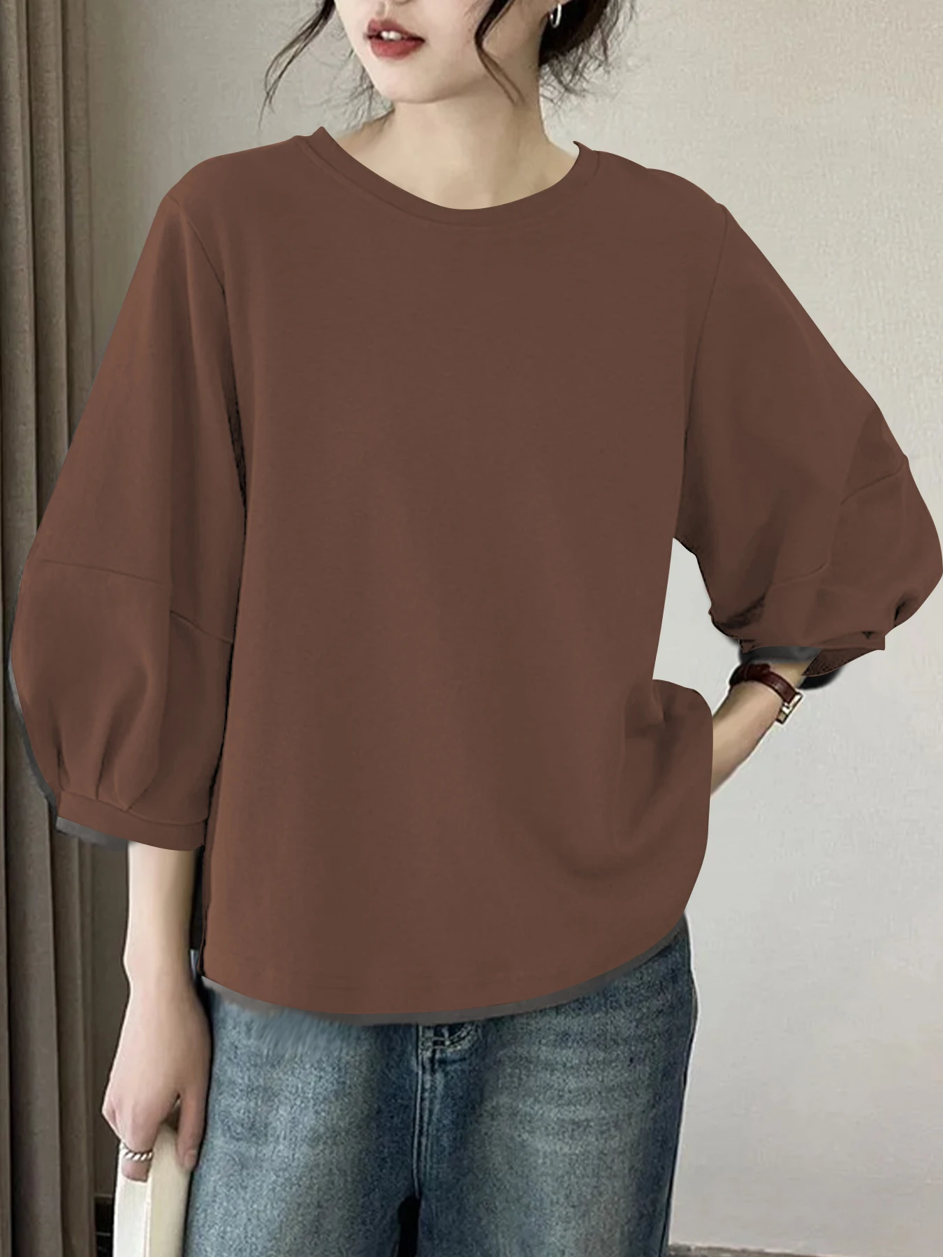 Damen-Tops mit 3/4-Ärmeln, Rundhalsausschnitt, lässig, trendig, lockere T-Shirts – Detail 21