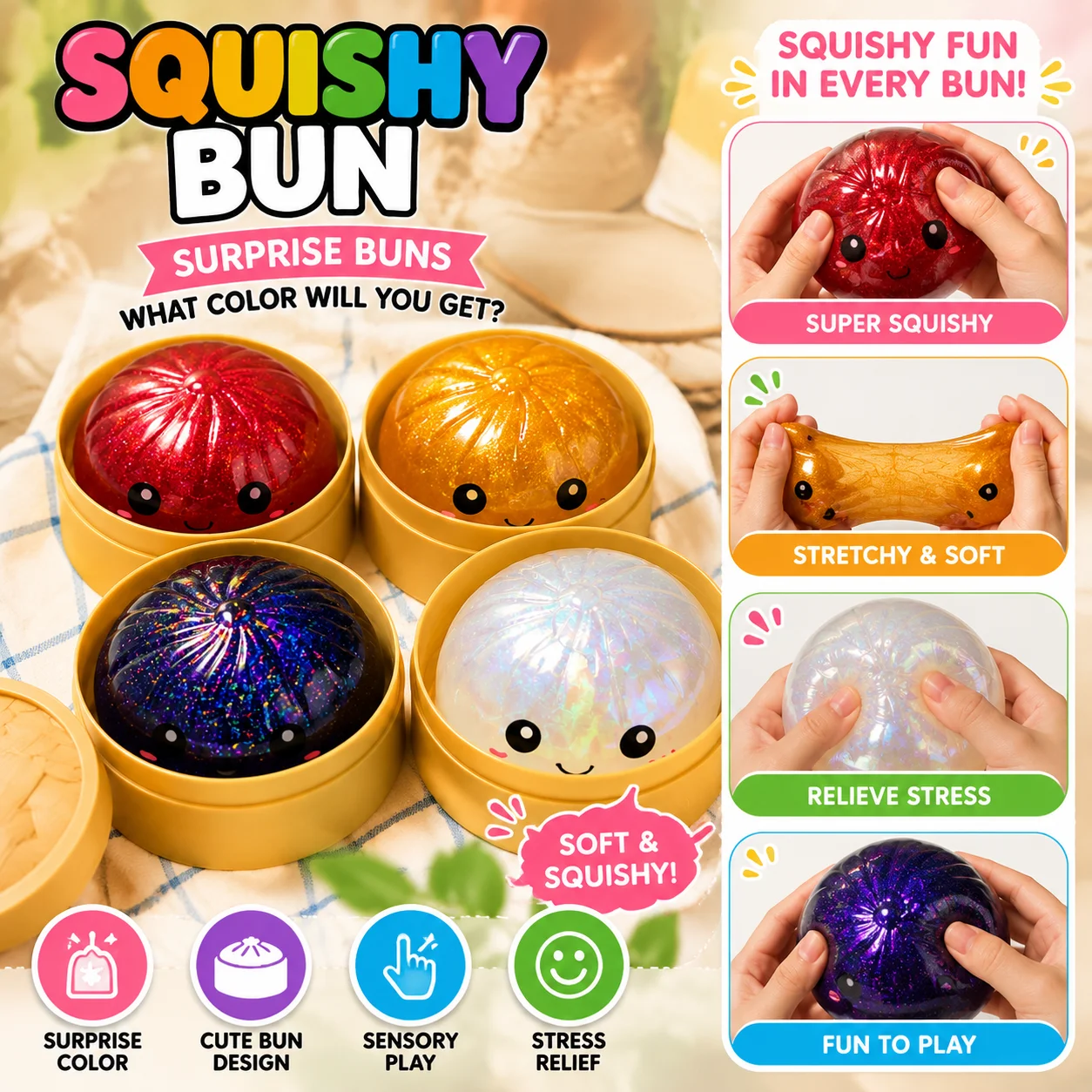Entzückende Dampfbrötchen-Überraschungsbox, langsam aufspringend, funkelnd, stressabbauendes Fingerspielzeug, weicher Squishy-Spaß, überraschende Farbe, Sammlerstück-Geschenk. Vier Artikel in