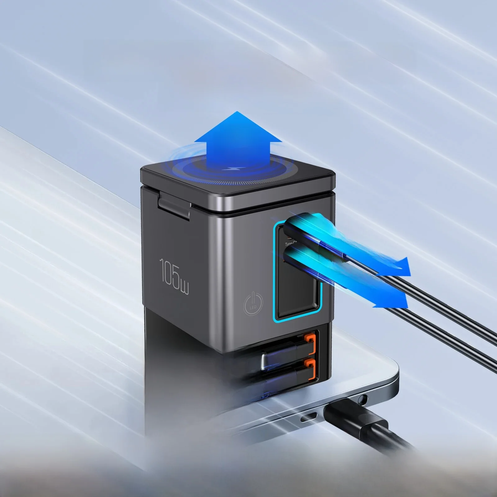 6-in-1-Ladestation mit einziehbarem USB-C-Kabel, Power Combo Tower 105 W, für mehrere Geräte, Schnellladegerät für iPhone Airpod