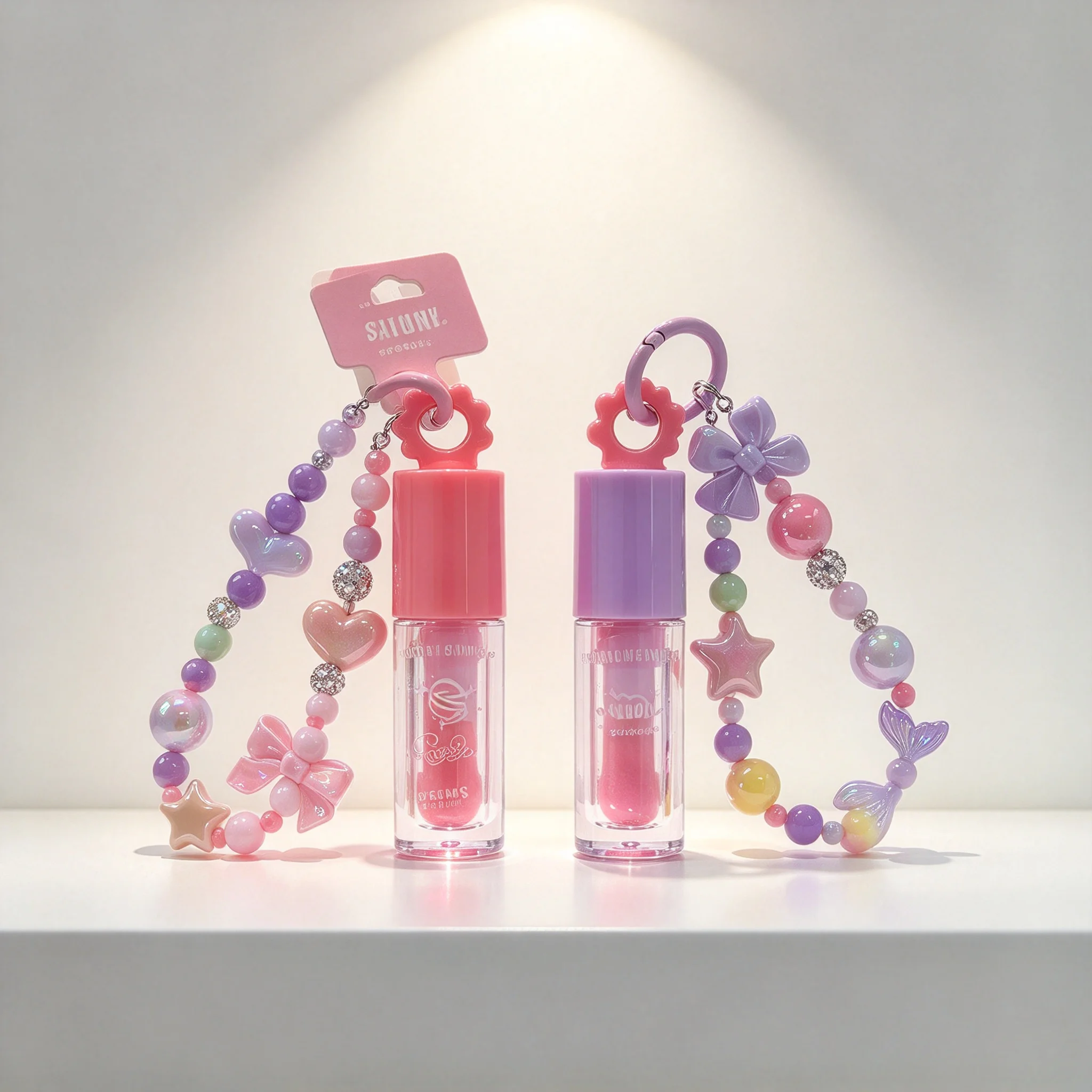S.F.R Color Bow Beaded Bracelet Lip Gloss Keychain with Moisturizing Lip Oil Portable Makeup Bag Charm for Lipstick Accessories