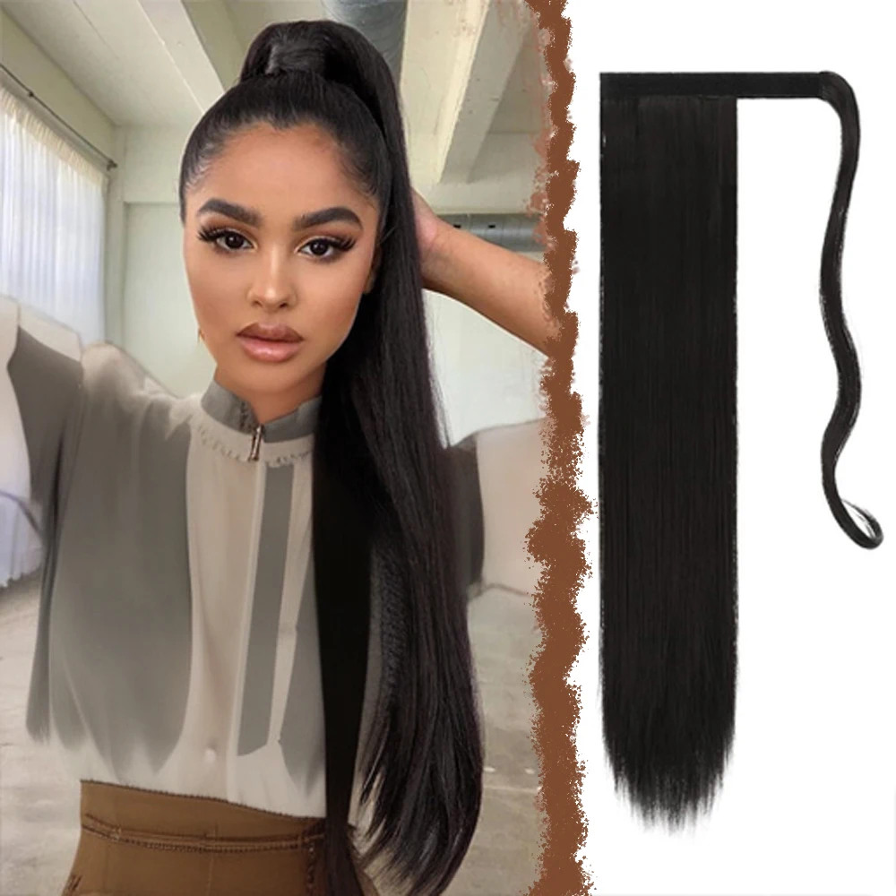 Straight Long Ponytail Extensions 26 Inch Wrap Around Natural Black Ponytails Remy Human Hair Piece Pony Tail Hair Extensions 1B