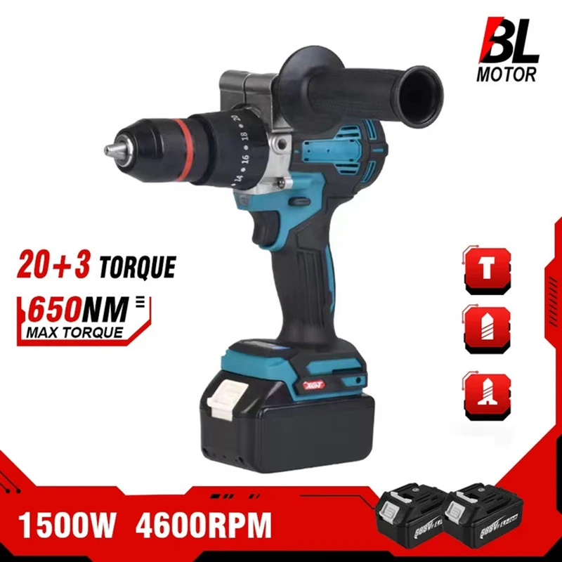 650NM Brushless Electric Drill 13MM Cordless Screwdriver Impact Drill Li-Ion Batteries Power Tool New For makita 18v battery