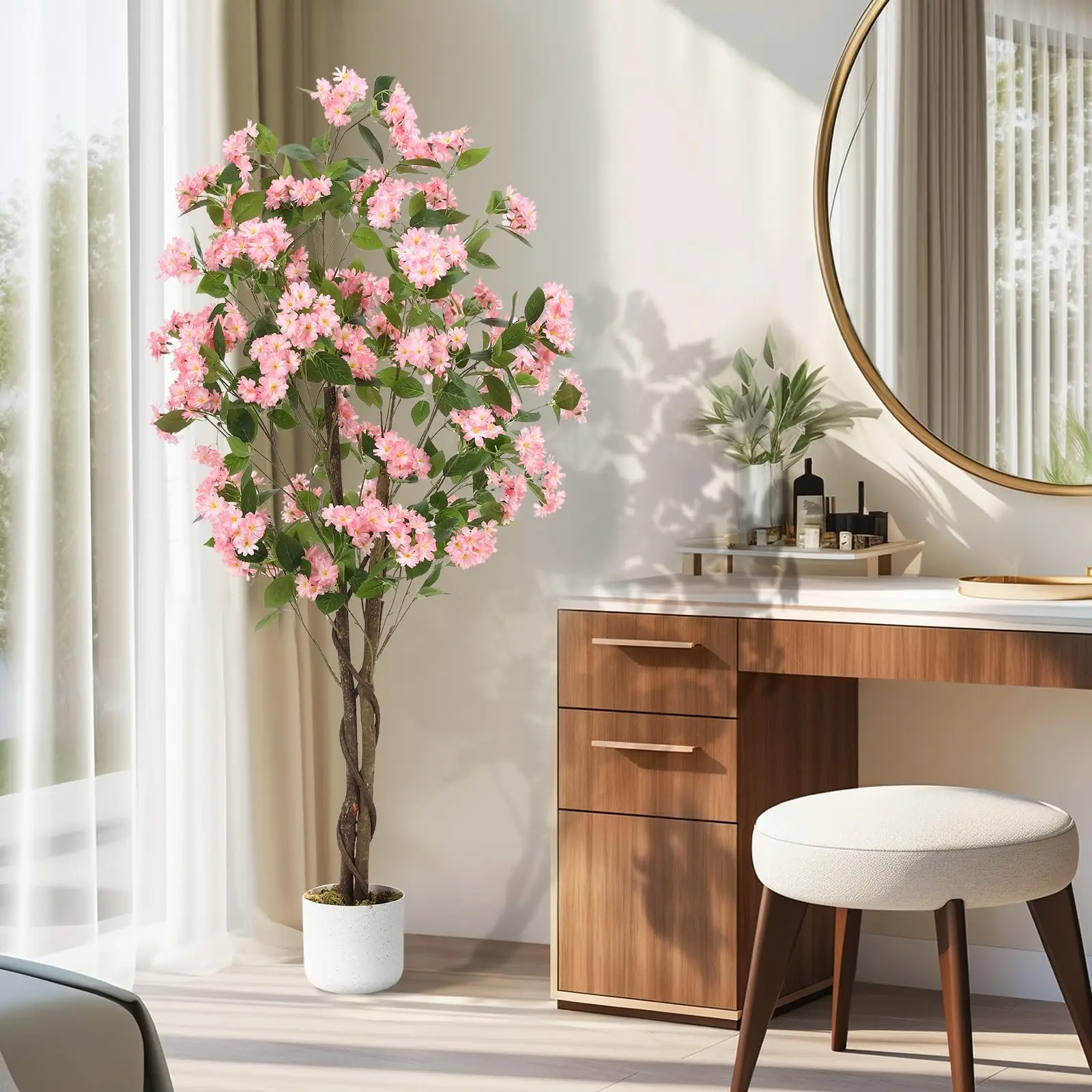 Arbre d'osmanthus artificiel de 150 cm - 198 fleurs roses réalistes, 3 troncs, plante artistique réaliste en pot, décoration facile d'entretien pour salon, bureau, intérieur et extérieur