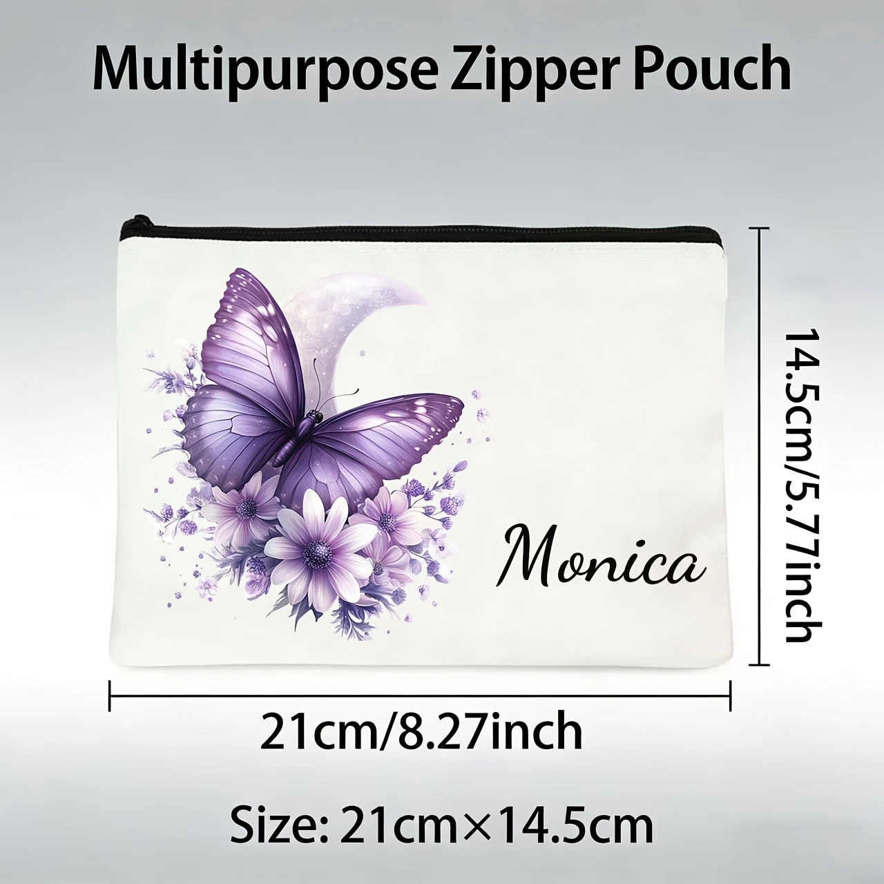 This Customizable Bag Features a Beautiful Purple Butterfly Design Along with a Personalized Name, Adding a Romantic Touch.