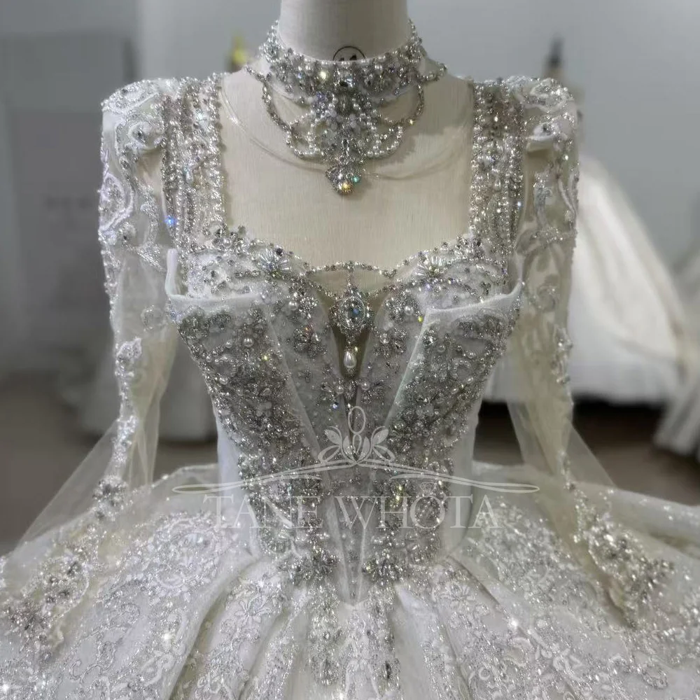 

Vestido De Noiva Long Sleeve Ball Gown Lace up Trend Luxury Crystal Lace Wedding Dress for Brides With Necklace