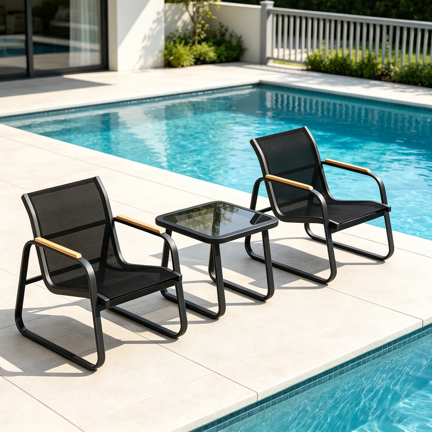 HiMISS Ensemble de canapés de patio extérieur moderne 3 pièces pour 2 personnes, ensemble de conversation avec structure en acier noir, chaises en textilène respirant, table basse en verre trempé et accoudoirs effet bois pour balcon, terrasse, jardin