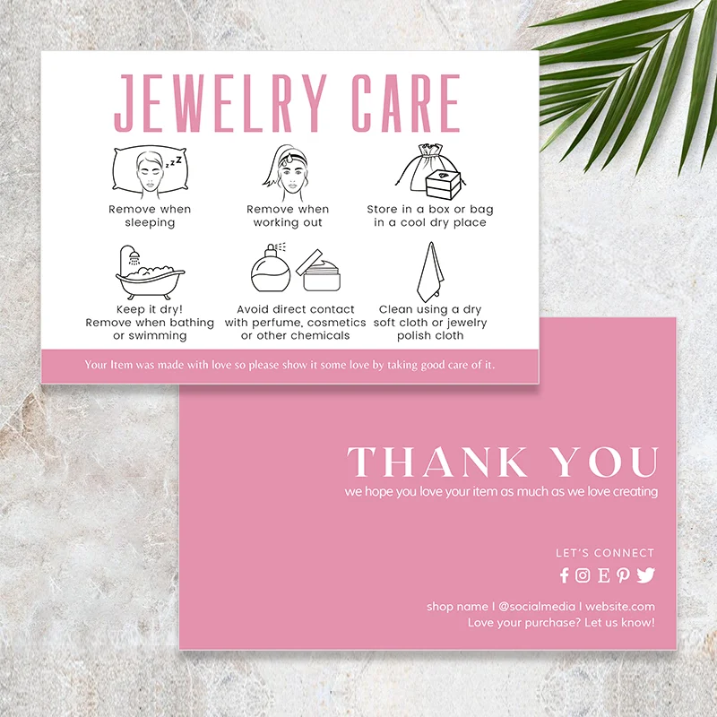 10X15cm Care Cards for Jewelry With Thank You Double Sides Minimal Jewelry Care Instructions Card for Small Business Insert Card