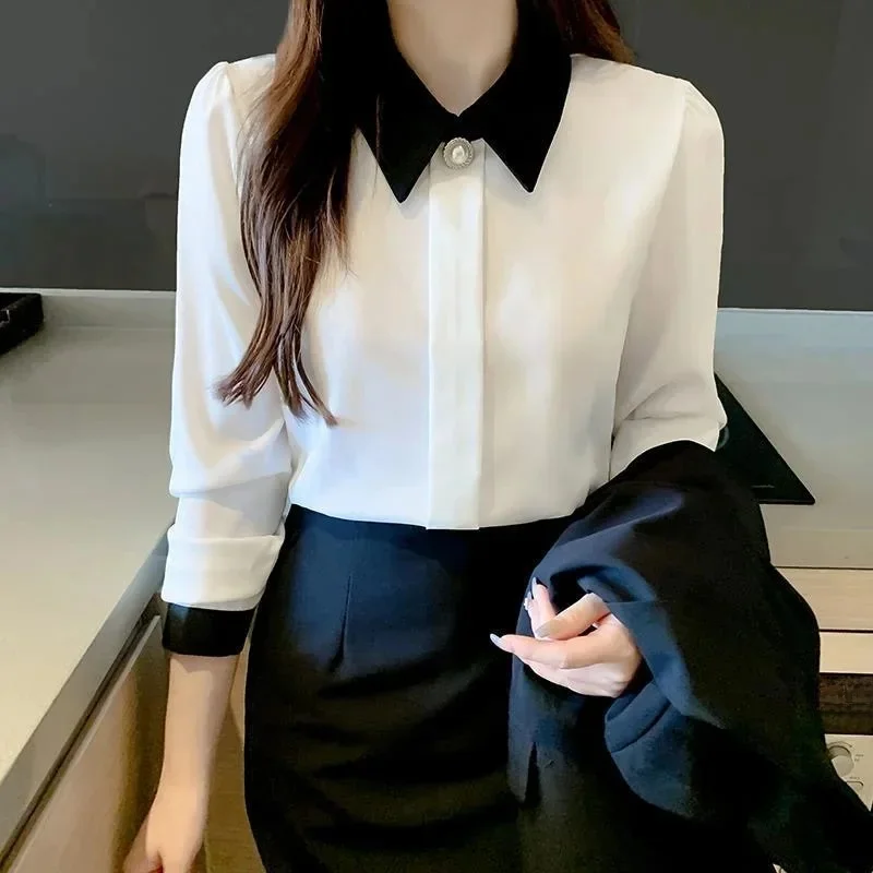Damskie bluzki w stylu wiosennym i jesiennym koszule Lady Casual z długim rękawem skręcić w dół kołnierz Blusas topy — zdjęcie 2