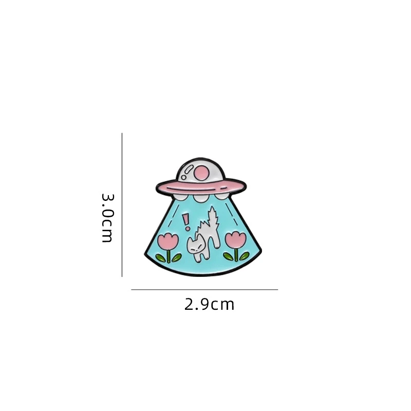 Cute Cartoon UFO White Cat Enamel Brooch Creative Animal Lapel Pin Badge Backpack Clothing Hat Accessories