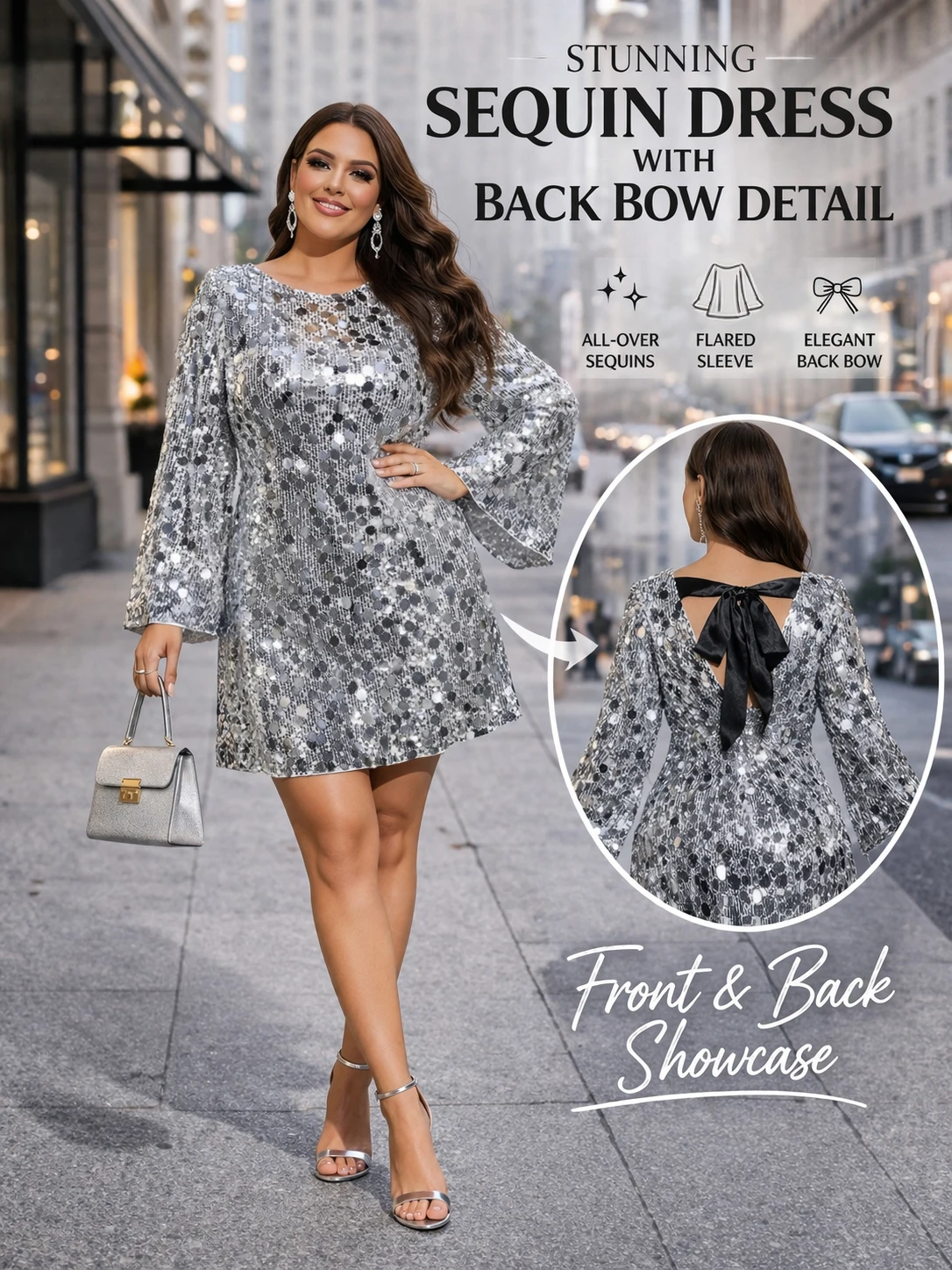 

Платье для женщин больших размеров с серебряными пайетками, праздничное, сексуальное, с длинными рукавами, с бантом, блестящее, для вечеринок и праздников.