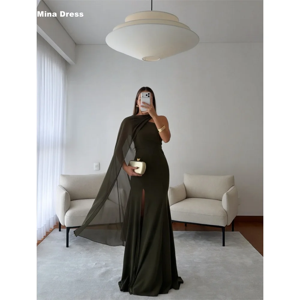Mina Customized Pea Green Slanted Shoulder Slit Shawl Sleeveless Luxury Dresses 2026 Trends Women's Evening Dresses Prom Dress