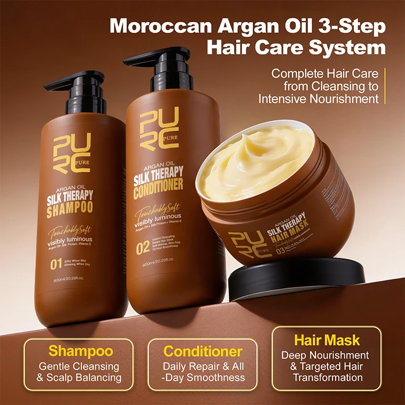 PURC Hair Shampoo Conditioner Mask Set With Argan Oil Ginseng Keratin Repairing Smoothing Anti-Frizz for Dry and Damaged Hair