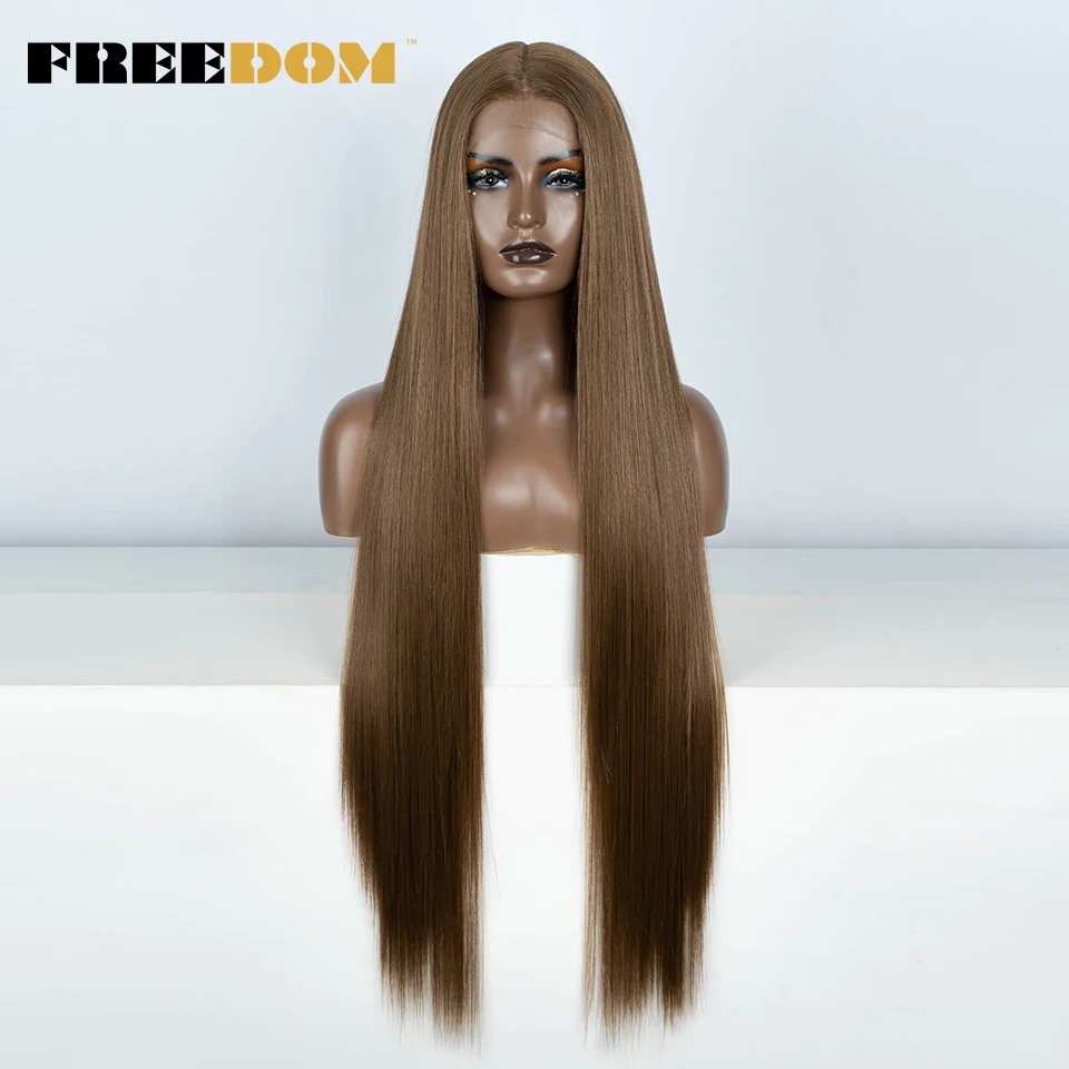 VRIJHEID Rechte Synthetische Kant Voor Vrouwen 38 Inch Lange Ombre Bruin Rood Blond Hoogtepunt Kant Frontale Pruiken Cosplay Pruik