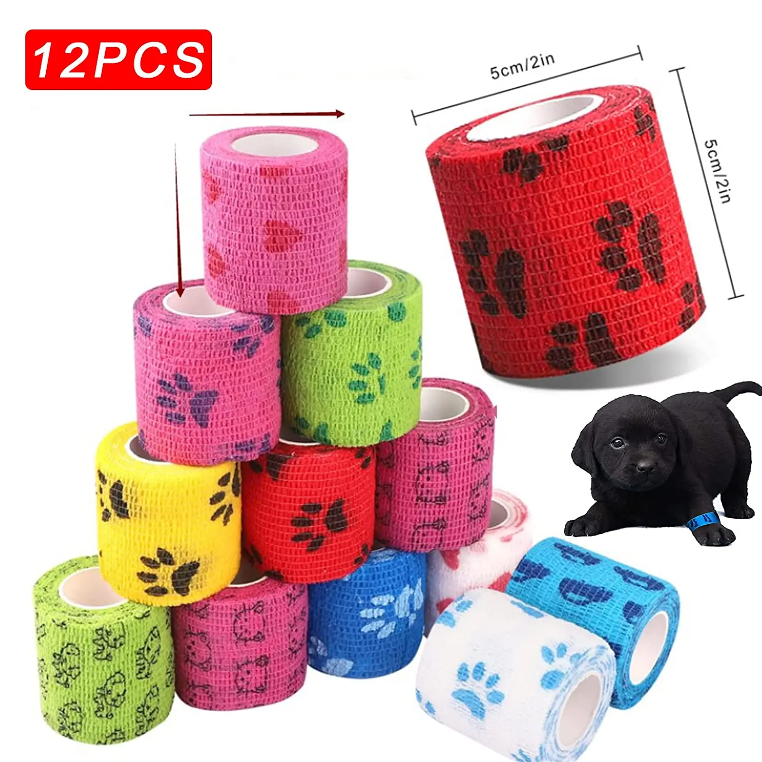 12 PACK Self Adhesive Bandage Wrap Vet Wrap for Pets Stretch Self Adherent Tape for Athletic Sports2.5/5/7.5/10/15 CM Width