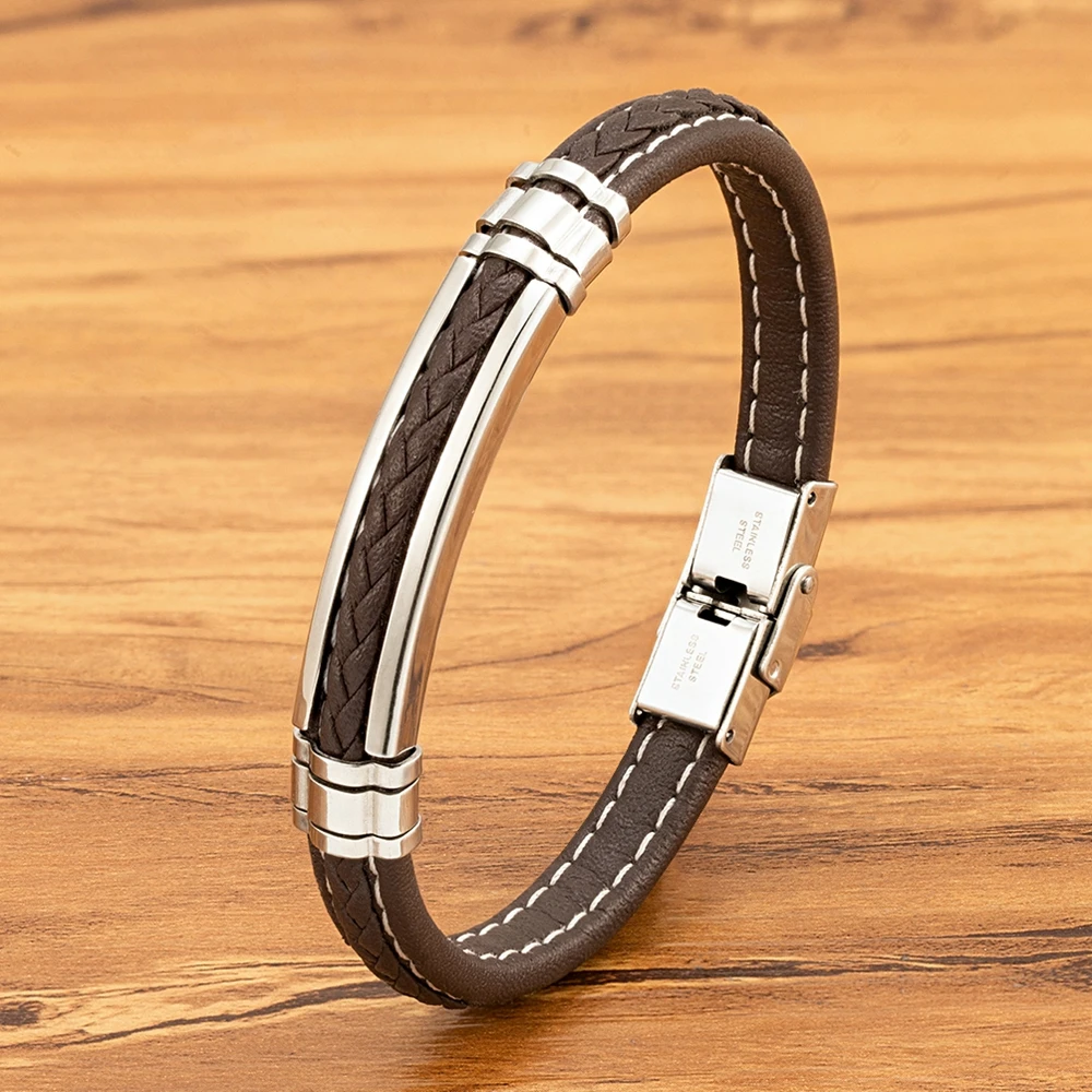 TYO Fashion Woven Genuine Leather Metal Stainless Steel Safety Buckle Bracelet Men Bangle Accessory Daily Wear Gift Dropshipping — zdjęcie 5