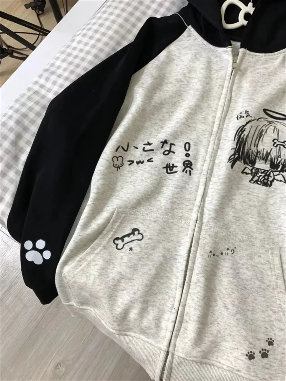 Japanische Kontrastfarben-Kapuzenoberteile für Damen, Y2k-Ästhetik, Cartoon-Print, Grunge-Hoodie, lässiger Reißverschluss-Sweatshirt, Harajuku-Streetwear – Detail 3