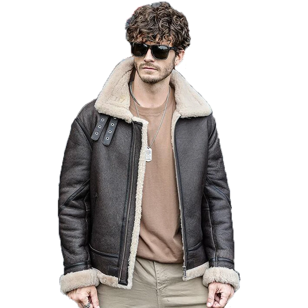 

Denny&Dora Mens Shearling Jacket Natural Shearling Thick Leather Coat B3 Sheepskin And Fur Coat Men