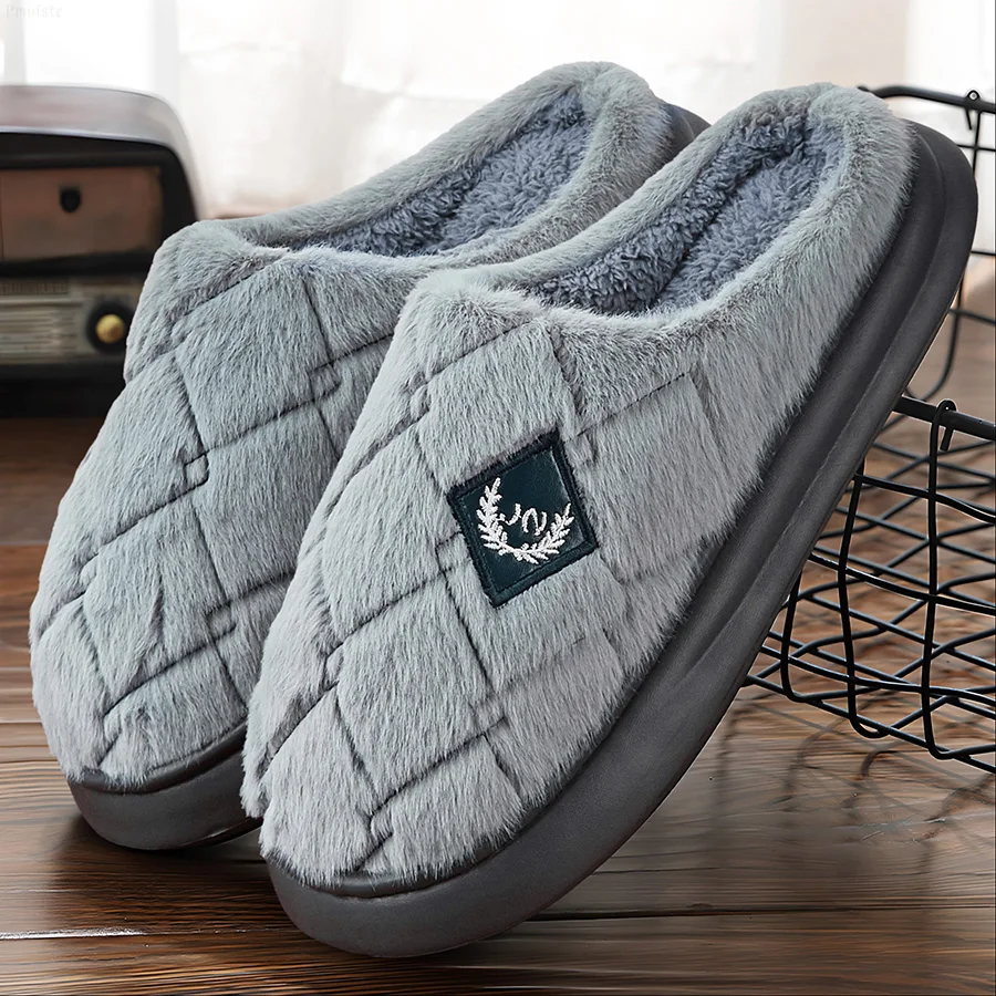 Man Indoor Slippers Eva Platform Memory Foam Furry Plaid Slippers Winter Fashion Warm Plush Soft Non-slip House Shoes Luxury