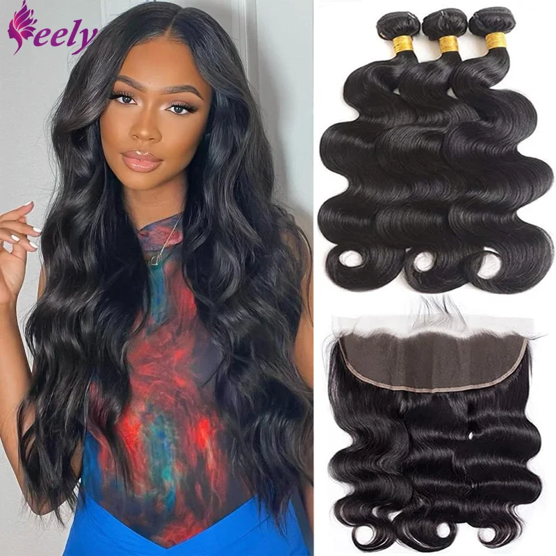 

Human Hair Bundles with Lace Frontal Body Wave 3 Bundles with 13x4 Lace Closure Frontal 100% Braziian Virgin Human Hair Bundles