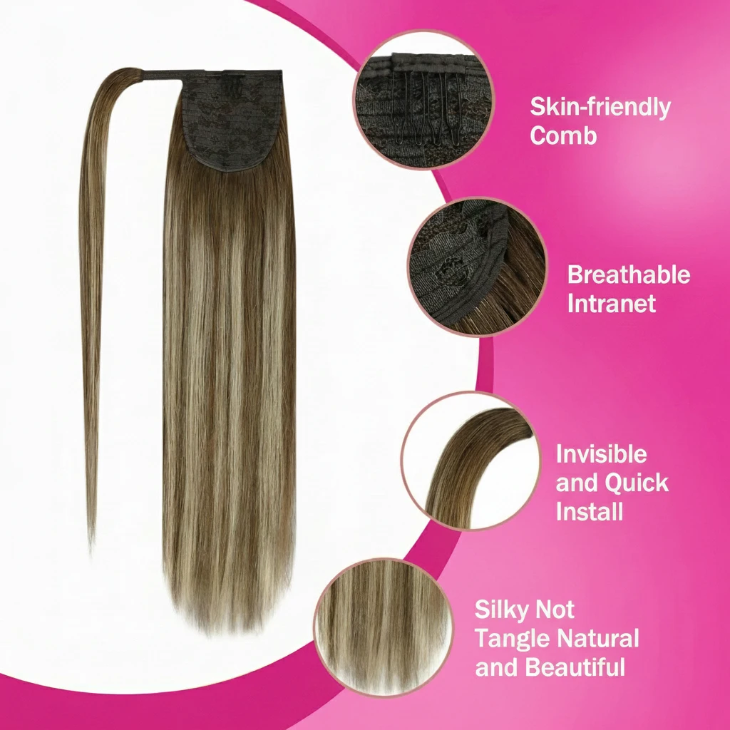 وصلات شعر بشري بمشبك على شكل ذيل حصان # 4/27 تسليط الضوء على اللون التفاف حول ذيل حصان مستقيم 100 جرام/قطعة ذيل حصان الشعر البشري البرازيلي #2