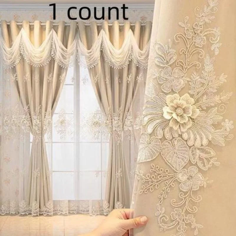 1 Panel Luxury European Curtains with Wavy Valance for Living Room Bedroom Double Layer Embroidered Curtains