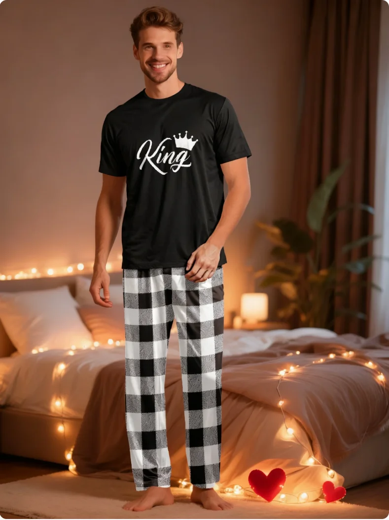 【Man】Men's Pajama Set, Short-Sleeved Top with Letter King and Crown Print and Plaid Long Pants, 1 Top + 1 Pair of Pants, Suitable for Cool Weather