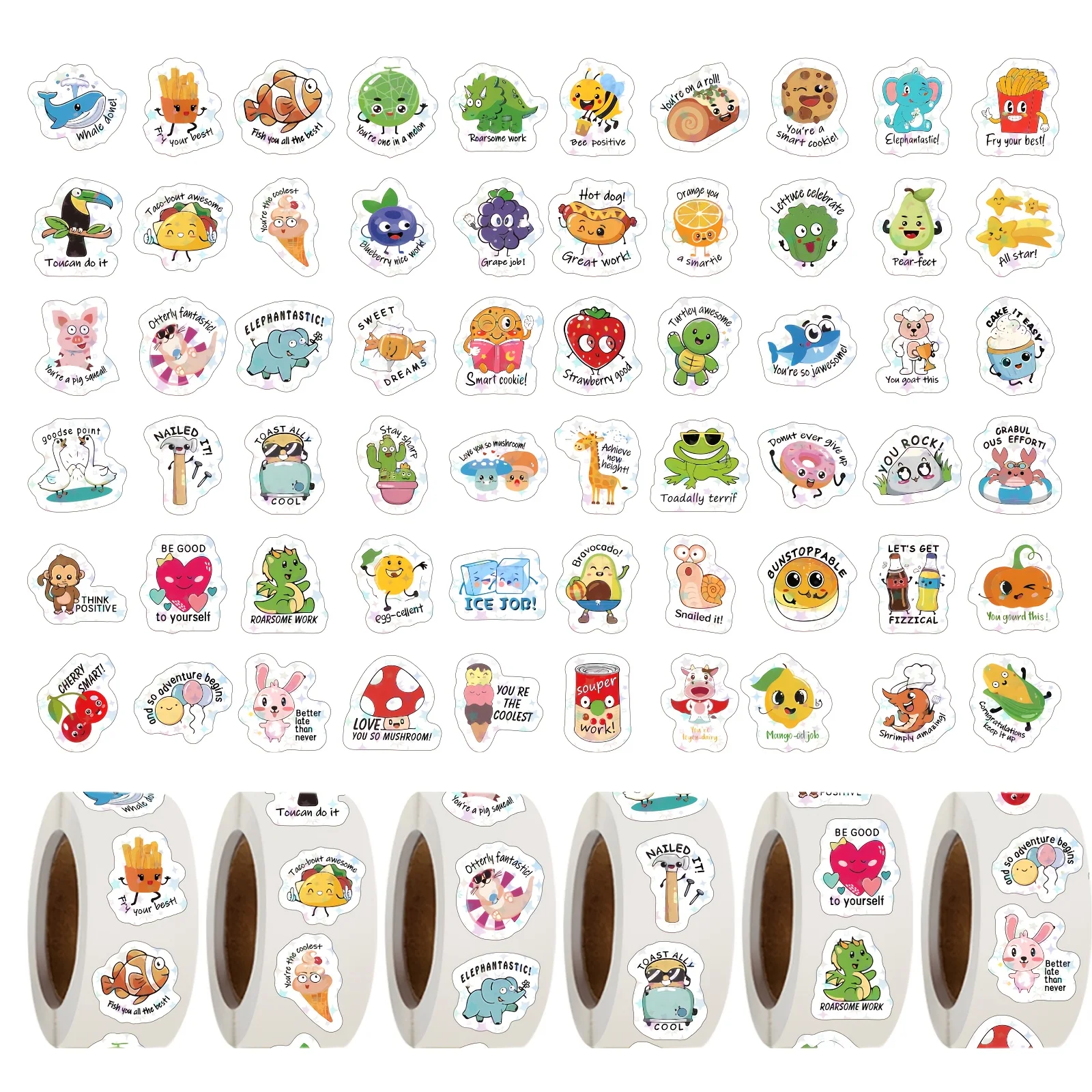 

1200 шт. рулон наклеек для скрапбукинга с героями мультфильмов, самоклеящиеся этикетки неправильной формы с блестящей пленкой, забавный мотивационный дизайн