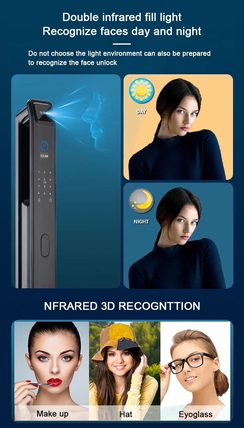 3D face recognition Wifi APP Fully Automatic Remote Unlock Fingerprint Key Password Card Smart Door Lock  Camera Smart door Lock