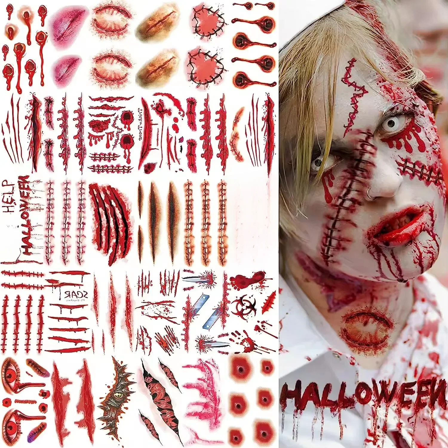 Autocollant de tatouage temporaire imperméable, faux autocollant d'horreur réaliste pour plaies sanglantes, cicatrice de point, mascarade d'halloween, accessoires de maquillage pour farces