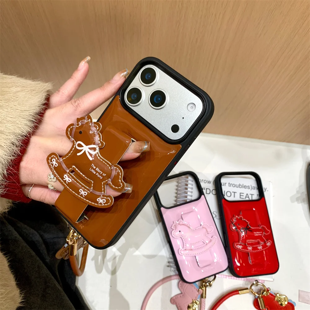 

Korean Ins Laser Pony Wristband Stand Cute Phone Case For iPhone 17 Pro 15 14 13 16 Pro Max Cover Shockproof Cases With Chain