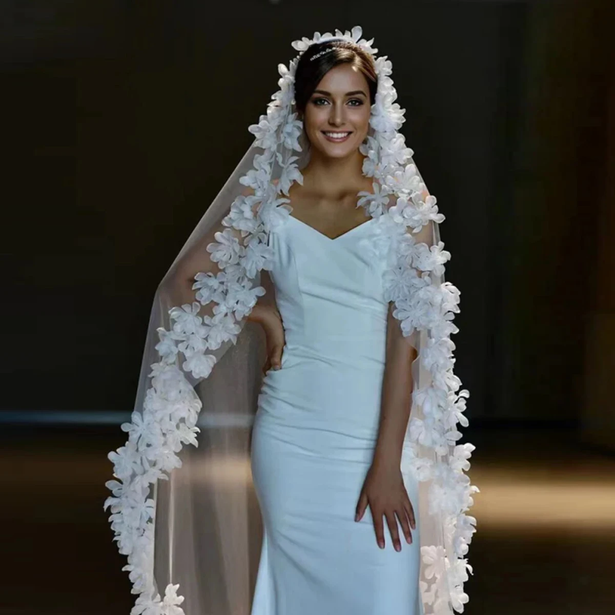 

Соборная свадебная фата Мягкая кружевная фата с расческой Свадебные аксессуары 3D цветы Фата по индивидуальному заказу