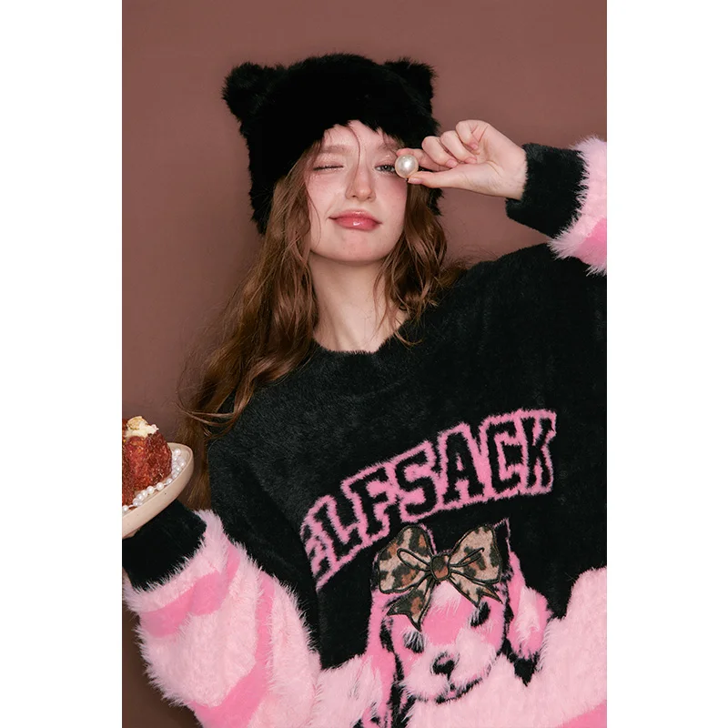 ELFSACK женский пуловер с длинными рукавами, свободный крой, круглый вырез, Y2K, бант с принтом собаки, сладкий, консервативный, повседневный, милый, крутой, вязаный