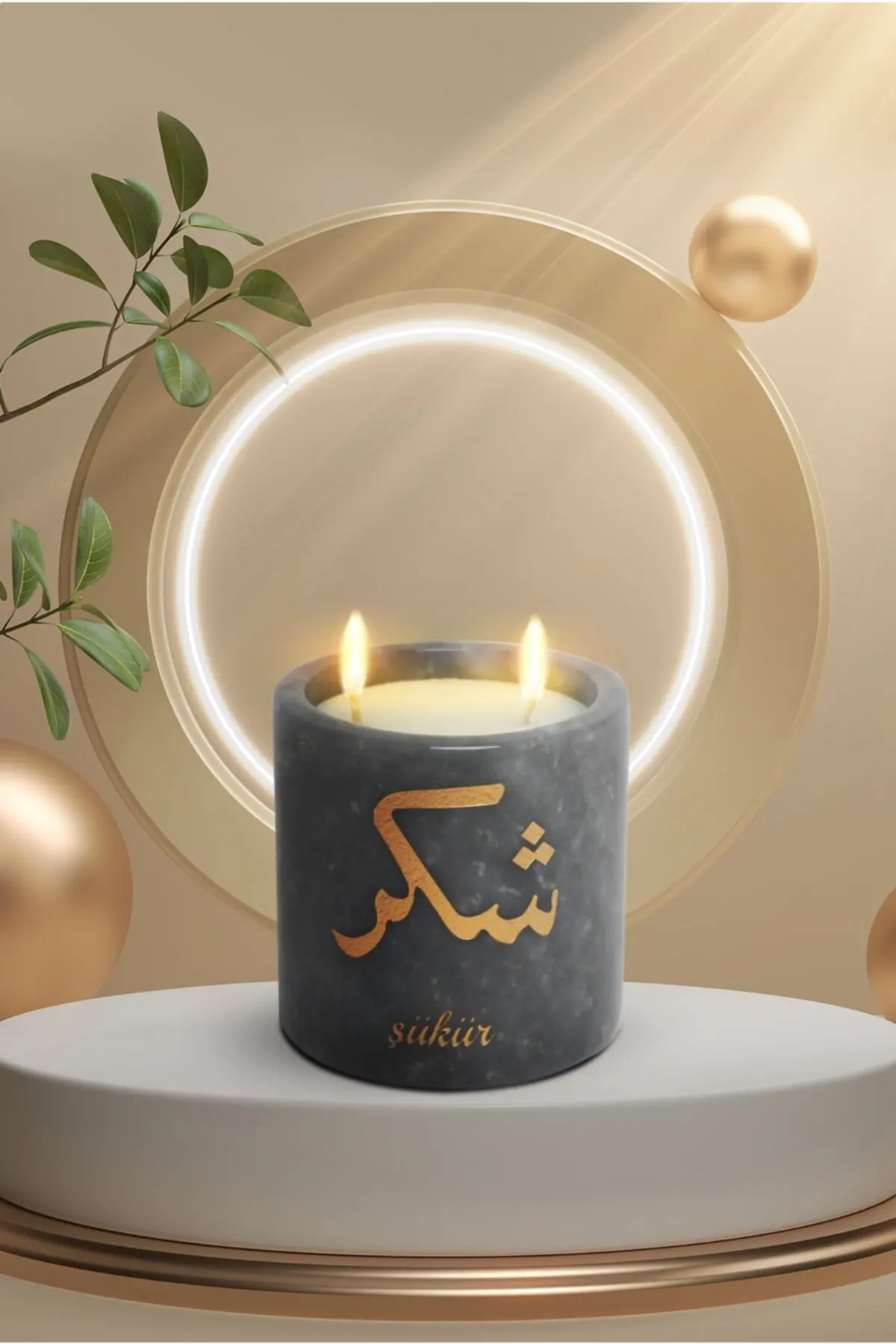 

Gray Marble Base Powder Scented Candle Allah Patterned Large Size Glass Candles Gift Products Home Office Decoration 10x10 Size