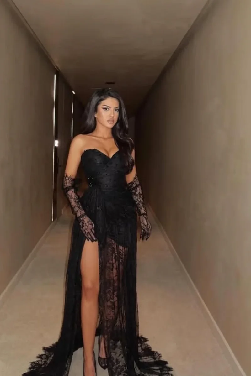Jessica Transparent Lace Embroidery Evening Dresses Black Side lits Prom Dresses Women's Wedding Party Dresses Customized