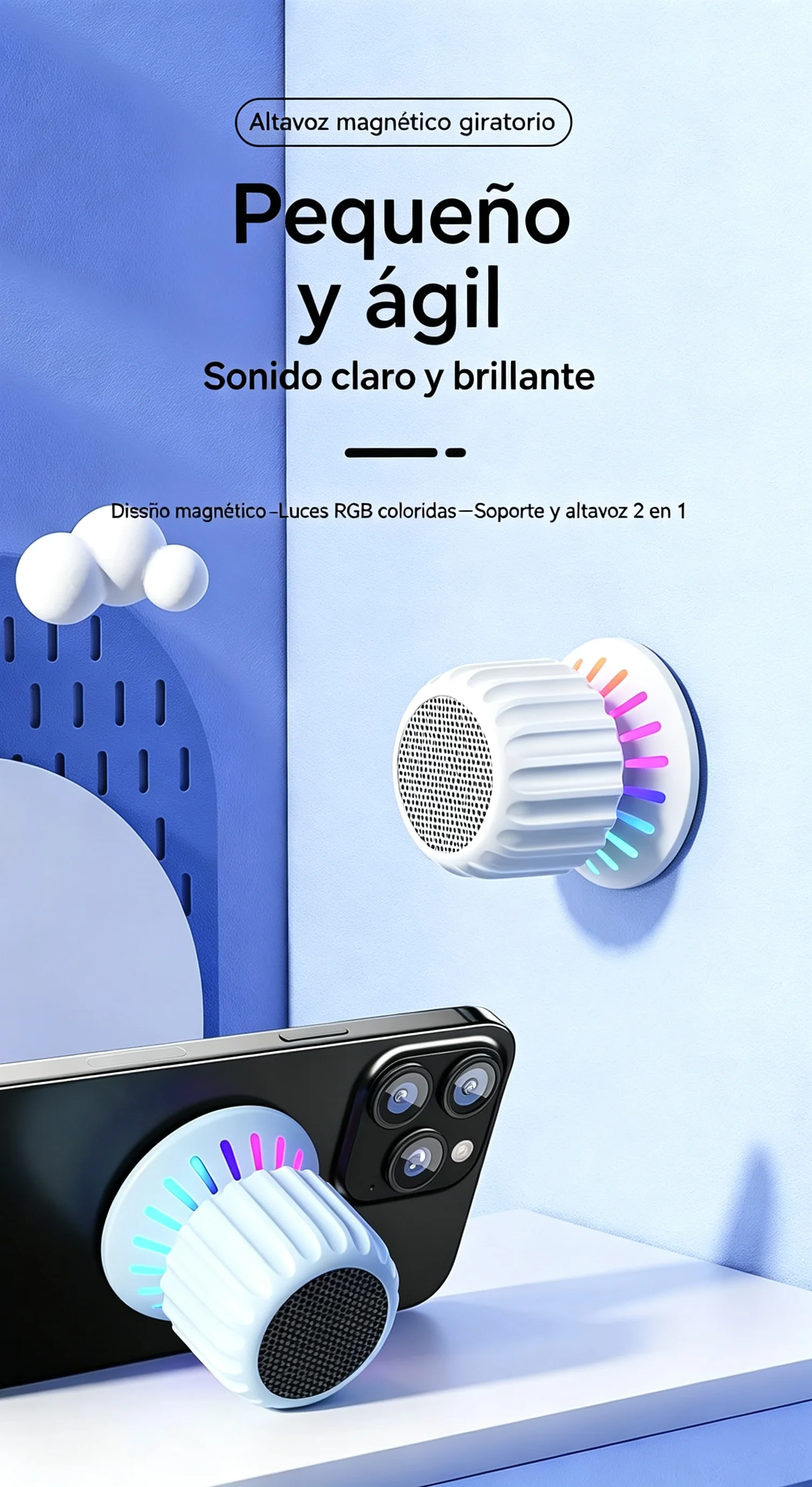 Altavoz Bluetooth Inalámbrico Magnético 2 en 1 con Soporte para Móvil, Mini Portátil Resistente al Agua, Sonido Estéreo TWS HiFi para Exterior, Ducha y Baño