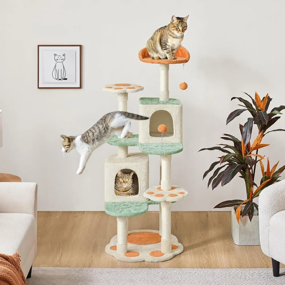 

57.5in Cat Tree Tower, Multi-Functional Activity Center w/Cat Paw-Shaped Platform, Scratching Posts, 2 Condos and Dangling Balls