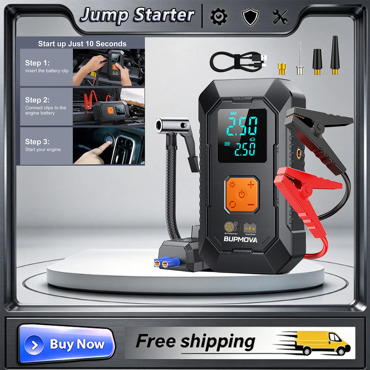 Dispositivo di avviamento batteria auto 8000A, avviatore di emergenza per auto con compressore d'aria, schermo LCD, caricabatterie portatile da 26800mAh, caricabatteria per auto 12V (tutti i motori a