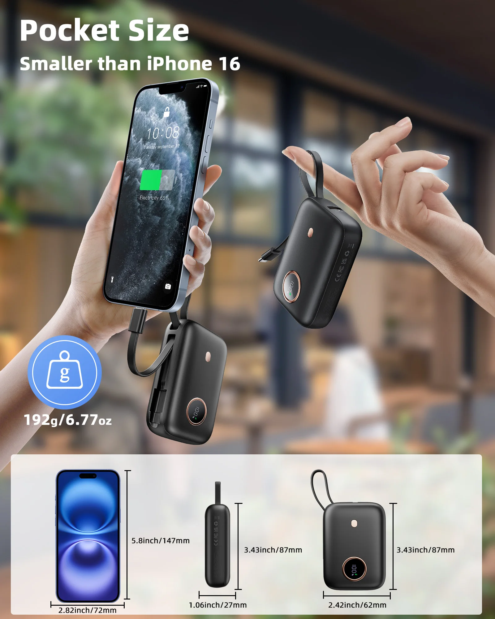 10000 mAh Mini-Powerbank, ultrakompaktes tragbares Ladegerät mit integriertem Kabel, 22,5 W Schnellladegerät für iPhone Samsung Android.