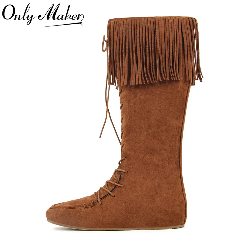 

Onlymaker Women Round Toe Lace Up Faux Suede Fringe Knee High Boot Side Zipper Chuny Heel Flat Boots