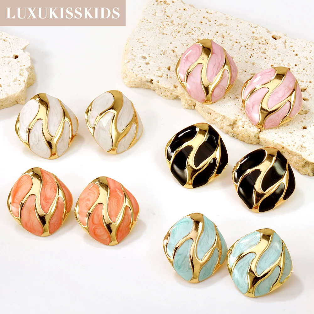 LUXUKISSKIDS Trendy Irregular Earrings Rhomboid Golden Texture Studs Antiallergy Acrylic Black/Blue Piercing Retro Woman Jewelry